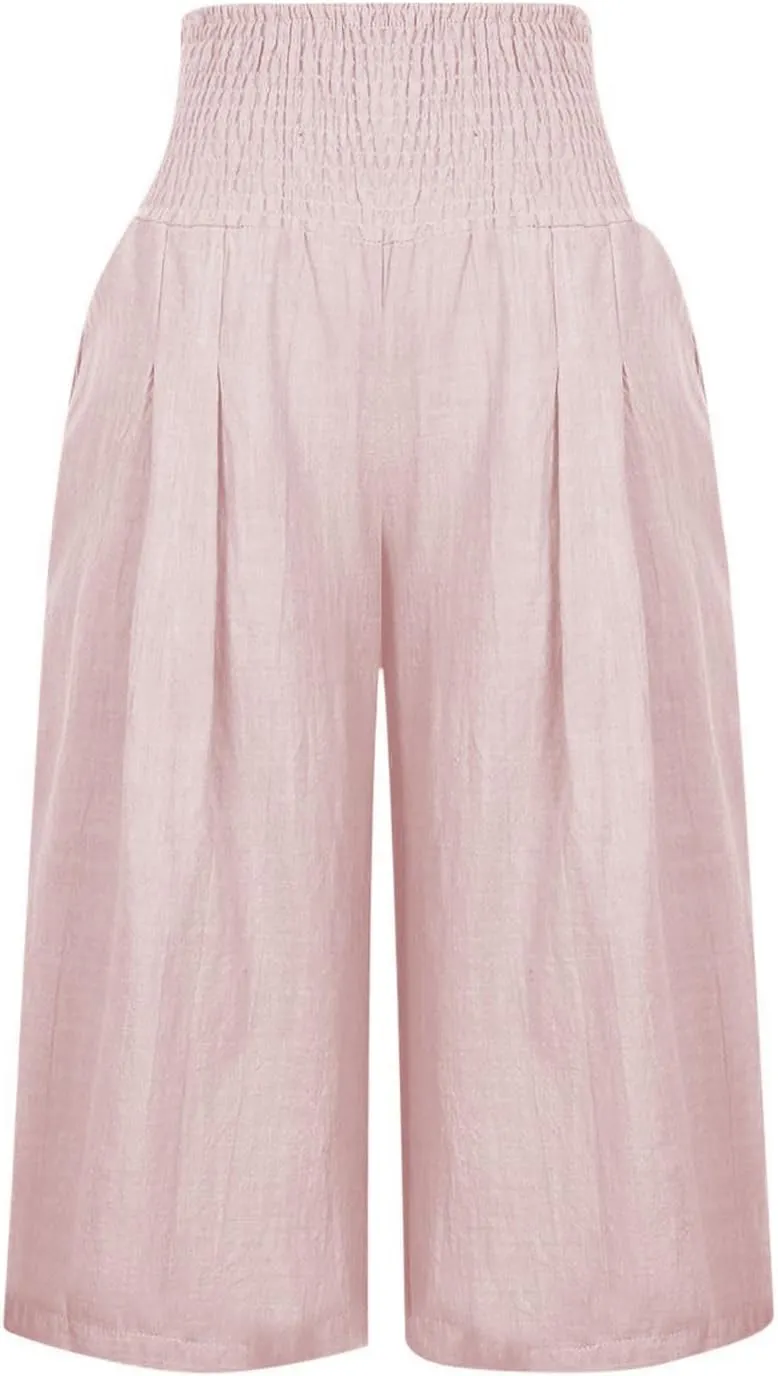 TANGNADE Cotton Linen Pants Women Plus Size Wide Leg Capri 2025 Vacation Summer Capris Lightweight Dressy Outfits