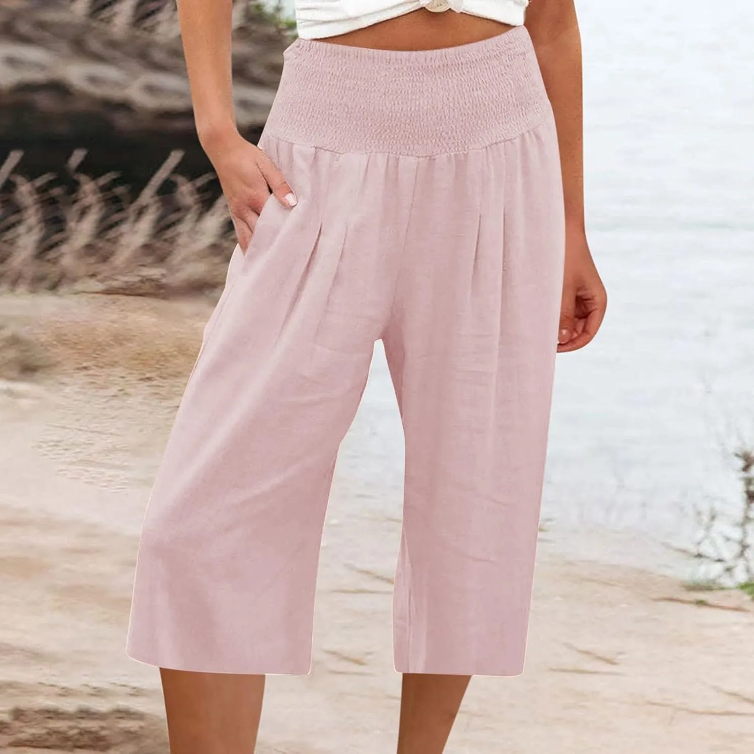 TANGNADE Cotton Linen Pants Women Plus Size Wide Leg Capri 2025 Vacation Summer Capris Lightweight Dressy Outfits