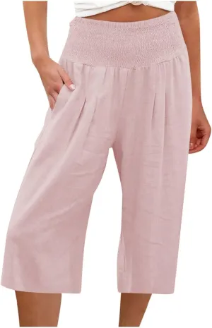 TANGNADE Cotton Linen Pants Women Plus Size Wide Leg Capri 2025 Vacation Summer Capris Lightweight Dressy Outfits