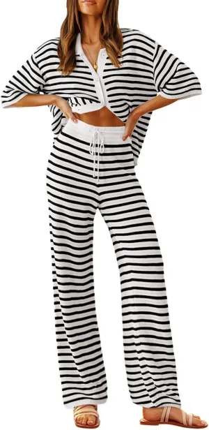 Tankaneo Womens Knit 2 Piece Lounge Sets Striped Short Sleeve Tops and Wide Leg Pants Travel Airport Vacation Outfits