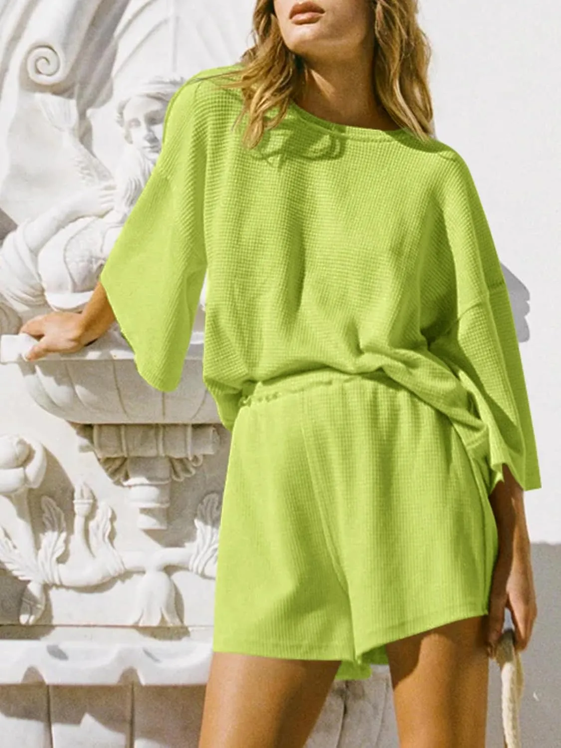 Tankaneo Womens Short Sets 2 Piece Outfits 3/4 Sleeve Tops and Elastic Waist Shorts Lounge Set Casual Loungewear