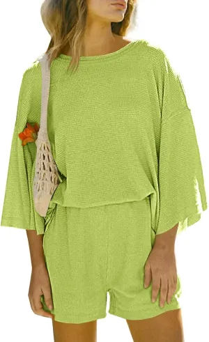 Tankaneo Womens Short Sets 2 Piece Outfits 3/4 Sleeve Tops and Elastic Waist Shorts Lounge Set Casual Loungewear