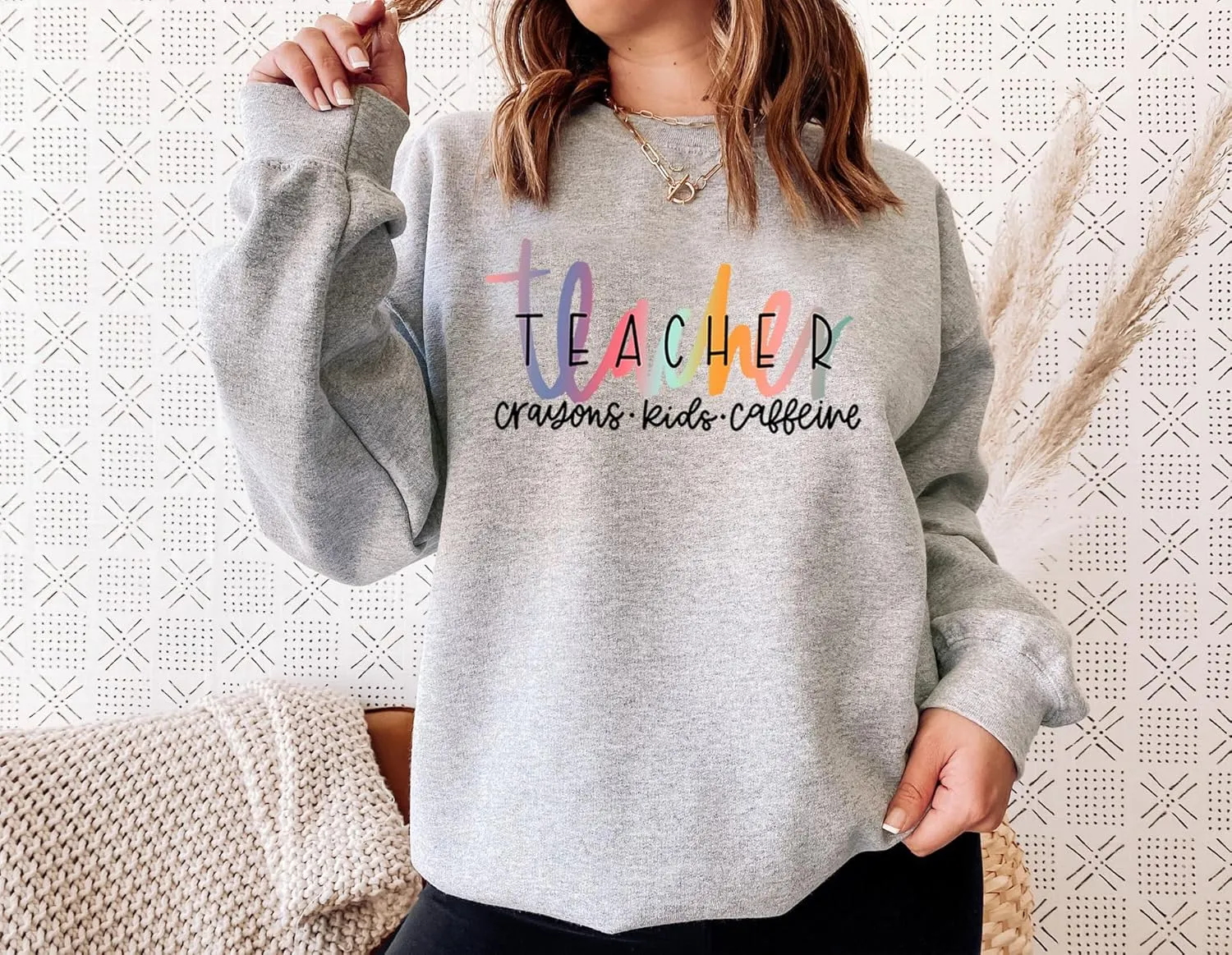 Teacher Crayons Kids Caffeine Sweatshirt for Women Graphic Casual Fall Winter Long Sleeve Crewneck Pullover Tops
