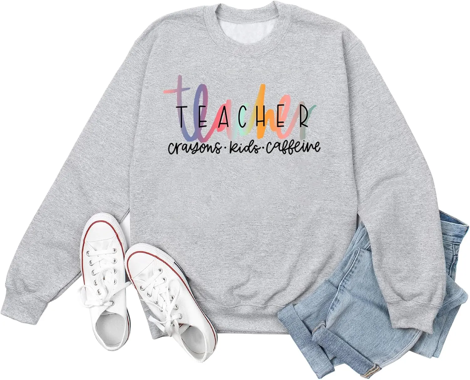 Teacher Crayons Kids Caffeine Sweatshirt for Women Graphic Casual Fall Winter Long Sleeve Crewneck Pullover Tops
