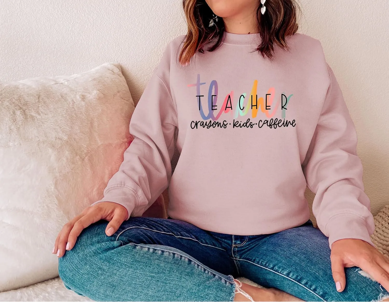 Teacher Crayons Kids Caffeine Sweatshirt for Women Graphic Casual Fall Winter Long Sleeve Crewneck Pullover Tops