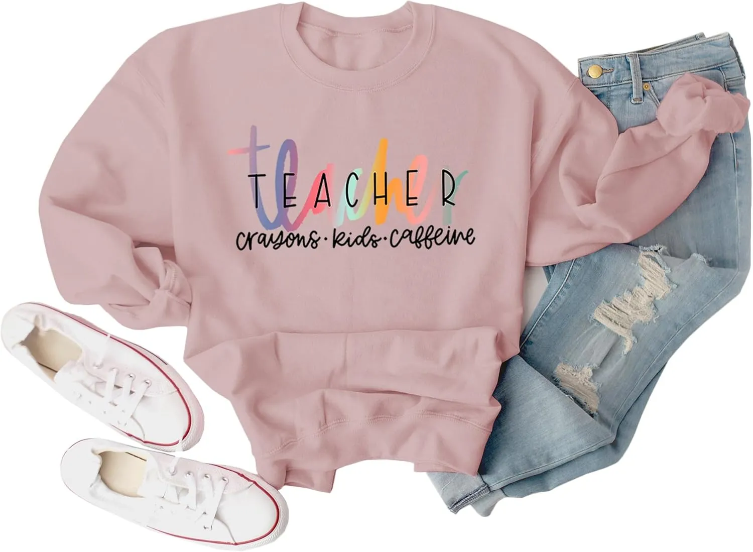 Teacher Crayons Kids Caffeine Sweatshirt for Women Graphic Casual Fall Winter Long Sleeve Crewneck Pullover Tops
