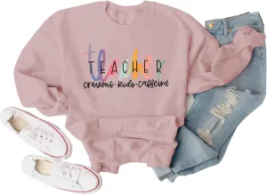 Teacher Crayons Kids Caffeine Sweatshirt for Women Graphic Casual Fall Winter Long Sleeve Crewneck Pullover Tops