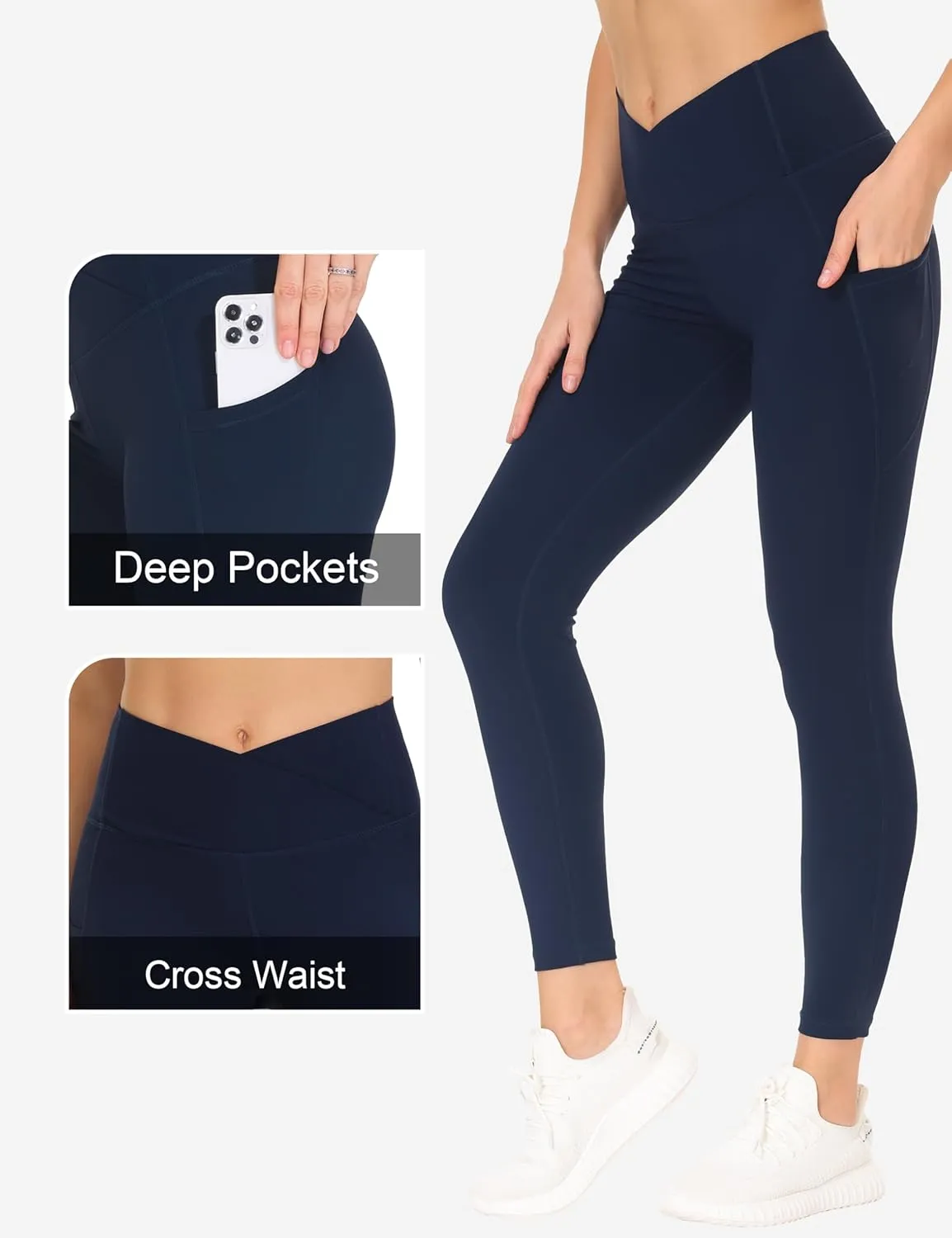 THE GYM PEOPLE Women's Cross Waist Workout Leggings Tummy Control High Waisted Athletic Yoga Pants with Pockets