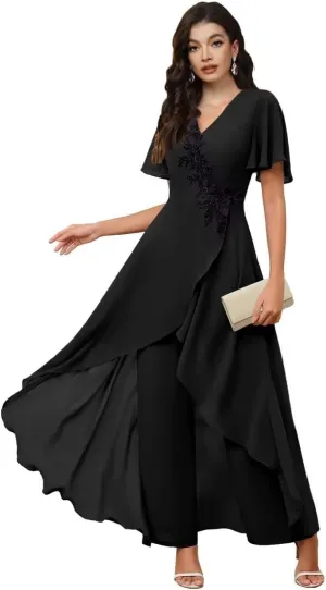 TIANMEI Mother of The Bride Pant Suits for Wedding 2 Pieces Chiffon Pantsuits for Wedding Guest Jumpsuit for Women