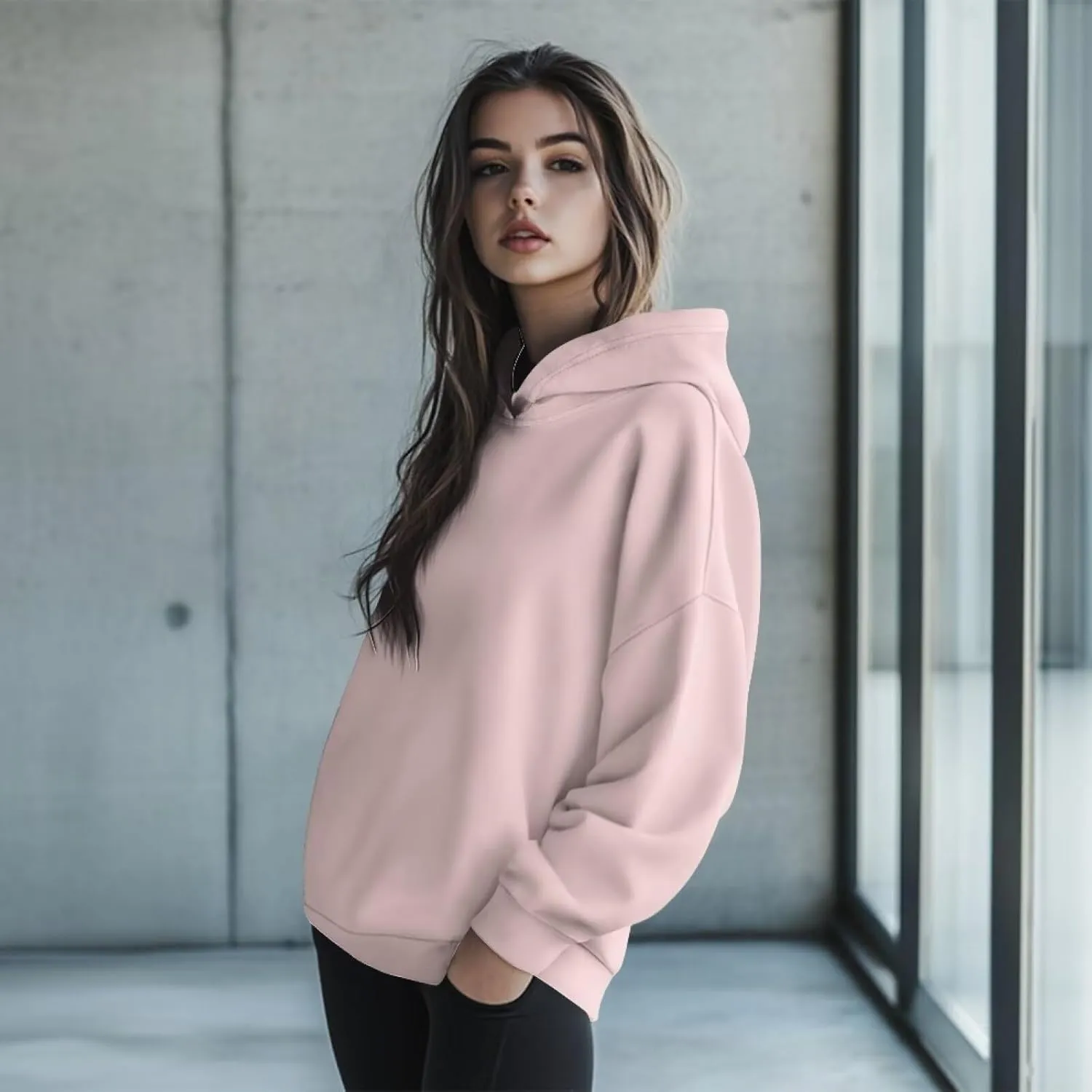 TOADDITDO Women's Casual Hoodies Long Sleeve Solid Lightweight Pullover Tops Loose Sweatshirt Hooded Size S-2XL
