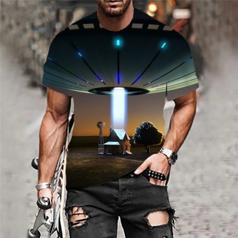 Ufo T-shirt Men Landscape Funny T shirts Tree T-shirts 3d Harajuku Shirt Print