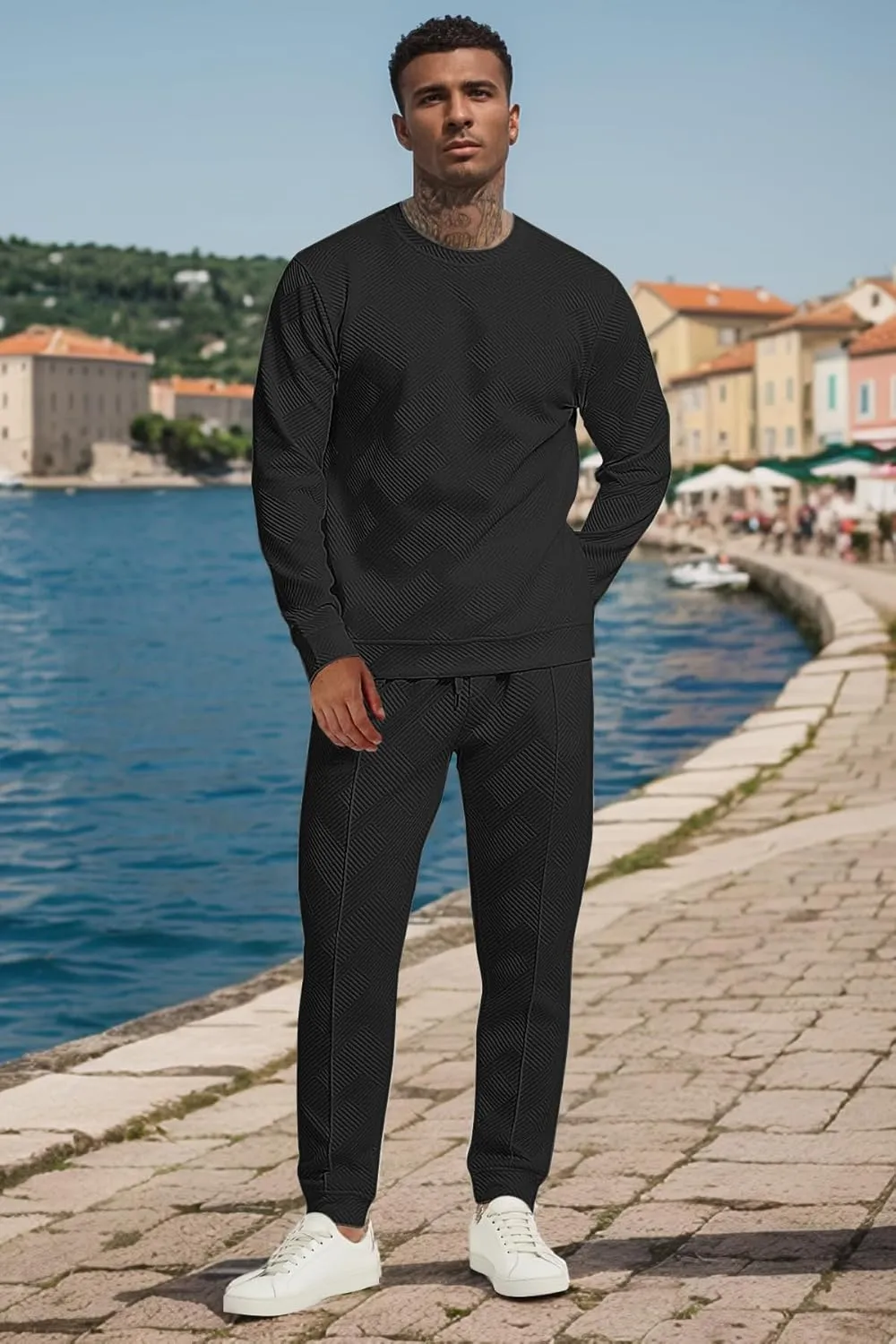 UOUA Men's 2 Piece Sweat Suits Set Long Sleeve Sweatshirt Jogging Sweatpants Tracksuits Outfits