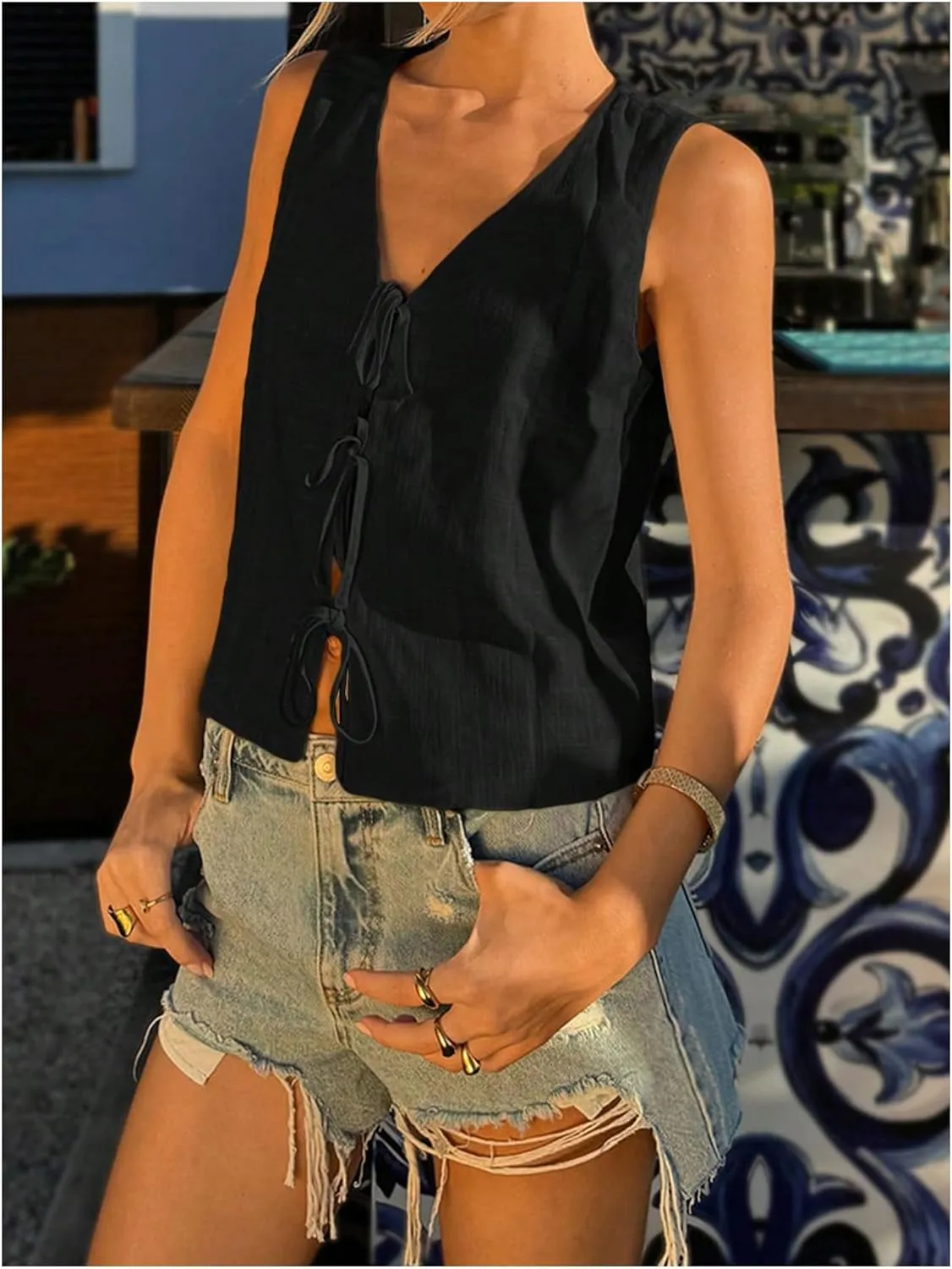 Verdusa Women's Old Money Clothes Bow Tie Front Vest Sleeveless V Neck Summer Cardigan Tank Tops