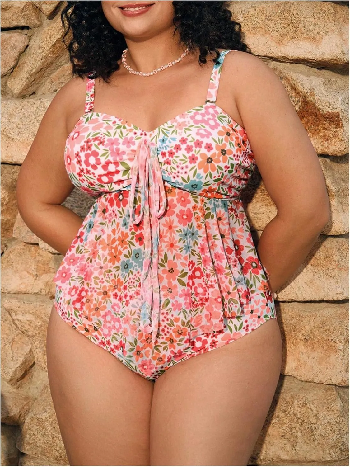 Verdusa Women's Plus Size 2 Piece Floral Tankini Set Bow Tie Babydoll Tops with Bottoms Swimsuit