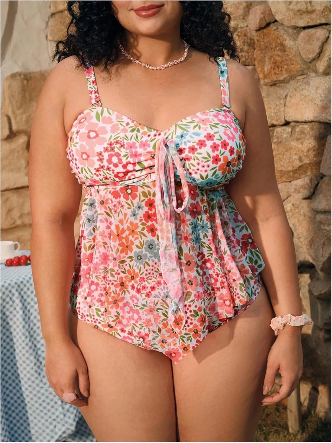Verdusa Women's Plus Size 2 Piece Floral Tankini Set Bow Tie Babydoll Tops with Bottoms Swimsuit
