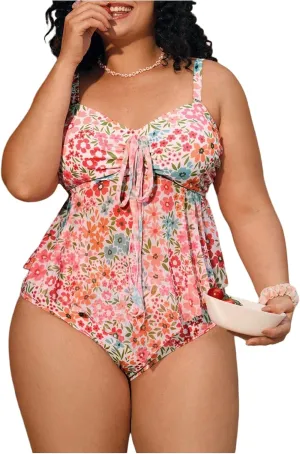 Verdusa Women's Plus Size 2 Piece Floral Tankini Set Bow Tie Babydoll Tops with Bottoms Swimsuit