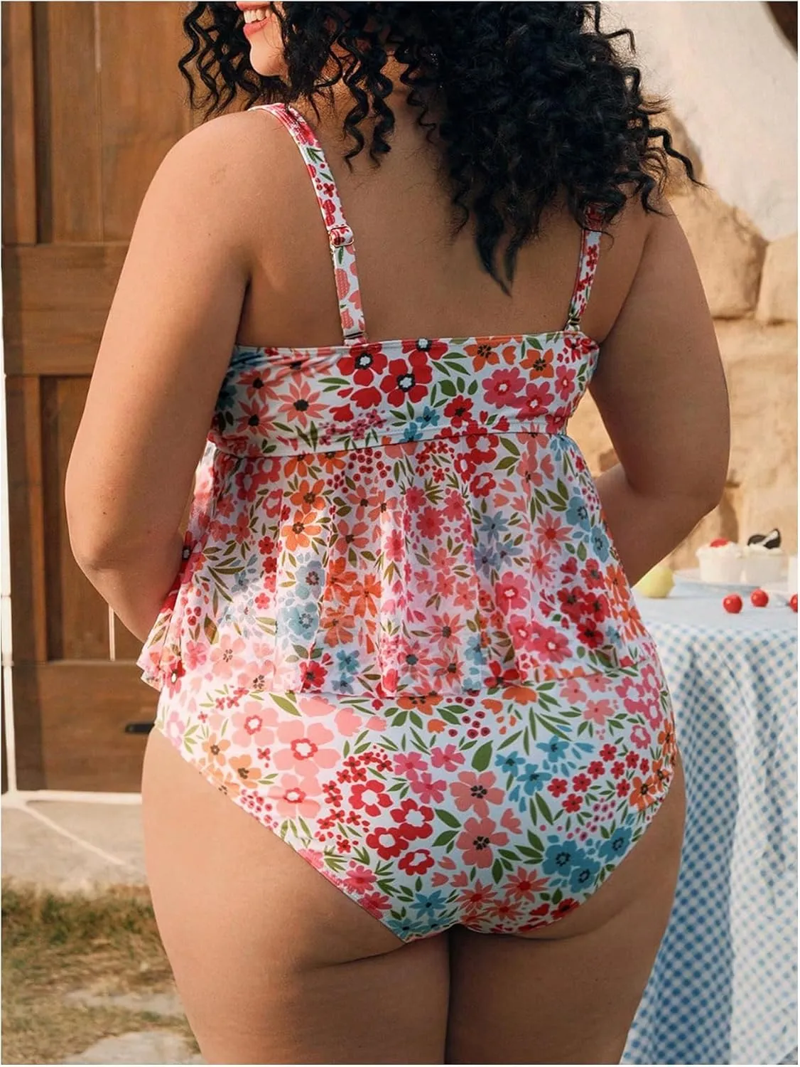 Verdusa Women's Plus Size 2 Piece Floral Tankini Set Bow Tie Babydoll Tops with Bottoms Swimsuit