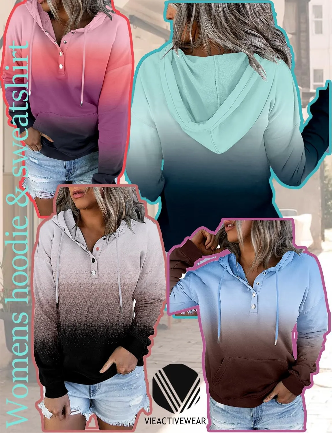 VIEACTIVEWEAR Hoodie for Women Tie Dye Sweatshirt Button Down Tops Casual Long Sleeve Oversize Pullover