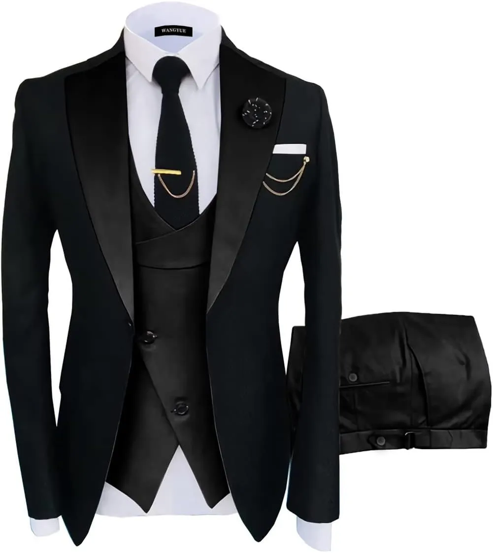 Wangyue Mens Suit Slim Fit 3 Piece Suits for Men Tuxedo Double Breasted Wedding Prom Tuxedo Party Blazer Vest Pants Set