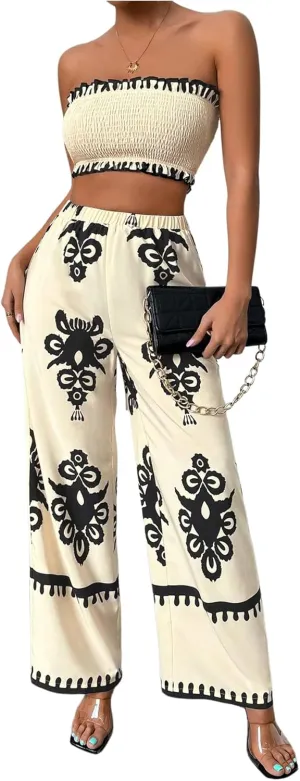 WDIRARA Women's 2 Piece Outfits Sleeveless Strapless Smocked Crop Tube Top and Graphic Wide Leg Pants Set