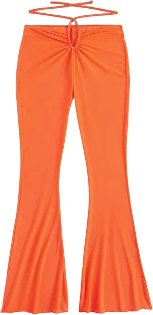 WDIRARA Women's Cut Out Wide Leg Flare Pants High Waist Stretch Self Tie Solid Long Pants