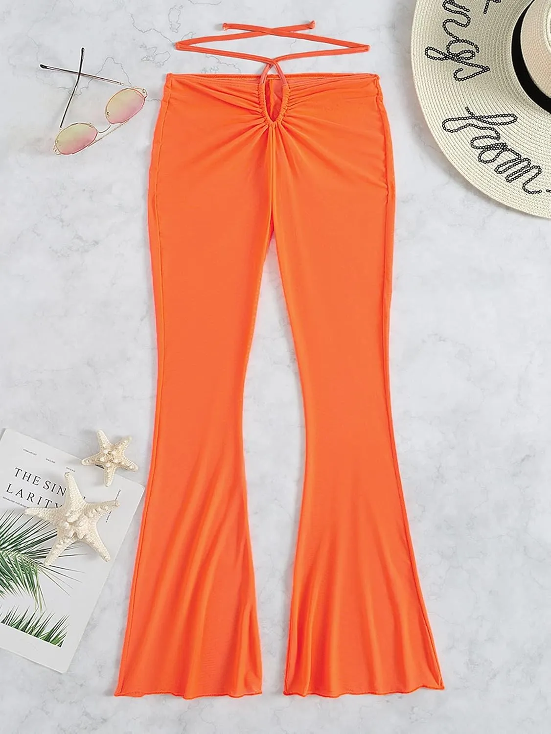 WDIRARA Women's Cut Out Wide Leg Flare Pants High Waist Stretch Self Tie Solid Long Pants