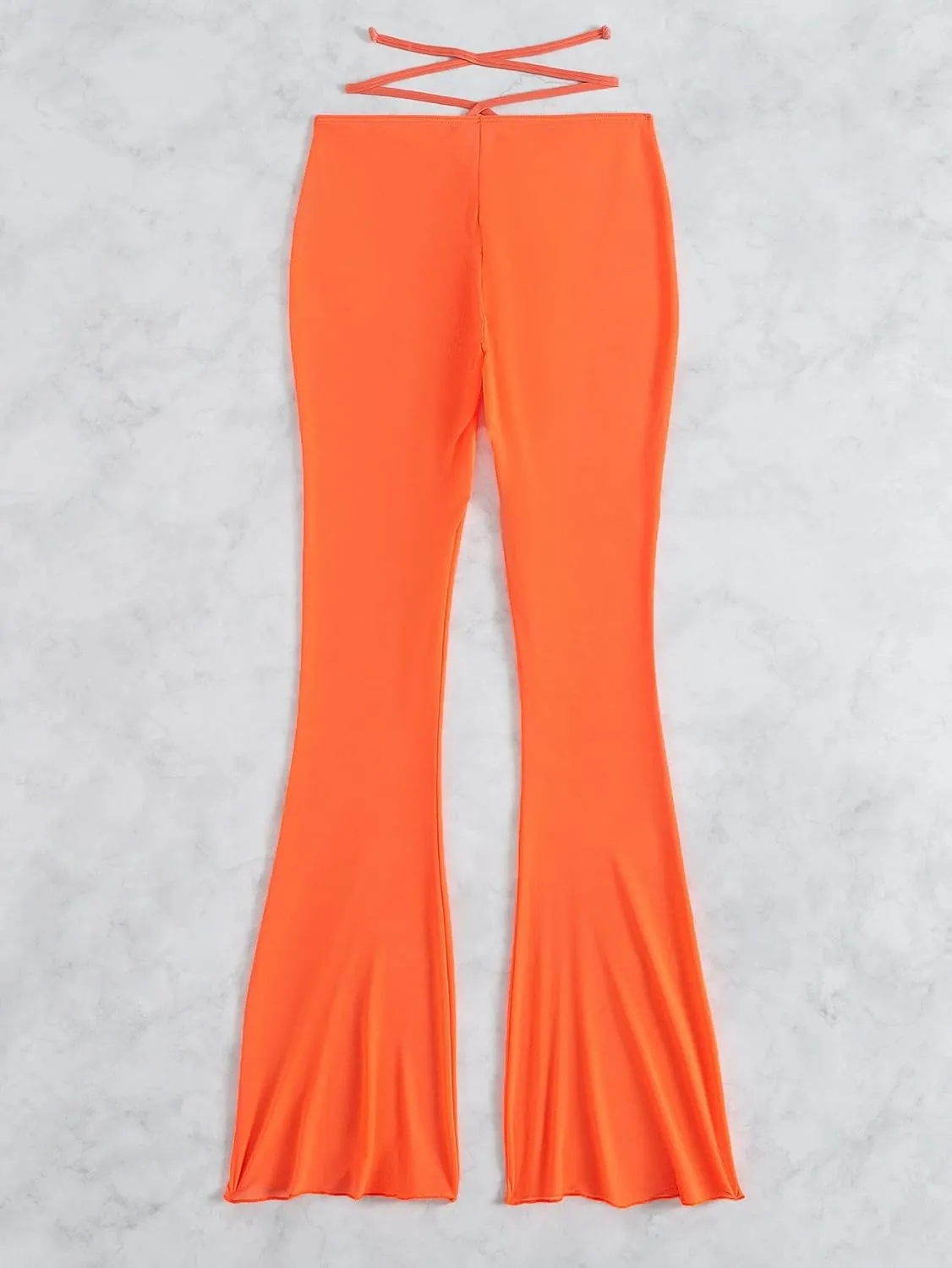 WDIRARA Women's Cut Out Wide Leg Flare Pants High Waist Stretch Self Tie Solid Long Pants