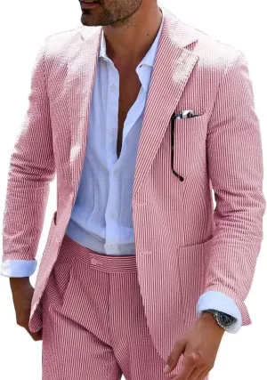 Wehilion Men 2 Pieces Seersucker Suit Casual 2 Button Slim Fit Striped Suits for Men Summer Wedding Prom Suit Jacket Pants