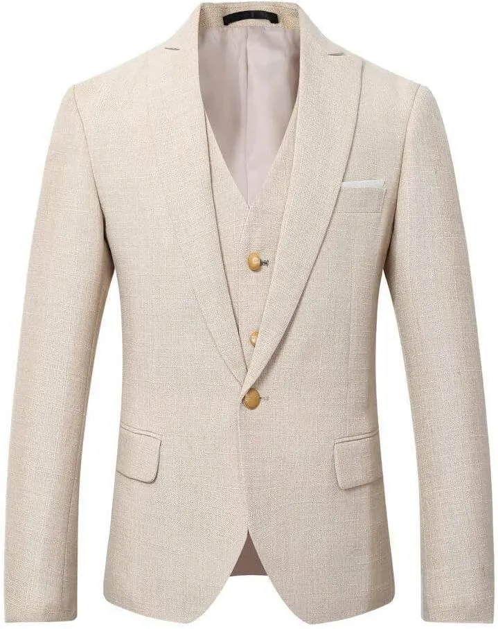 Wemaliyzd Men's Linen Suit Summer 3 Piece Wedding Suit Peak Lapel Blazer Vest Pants