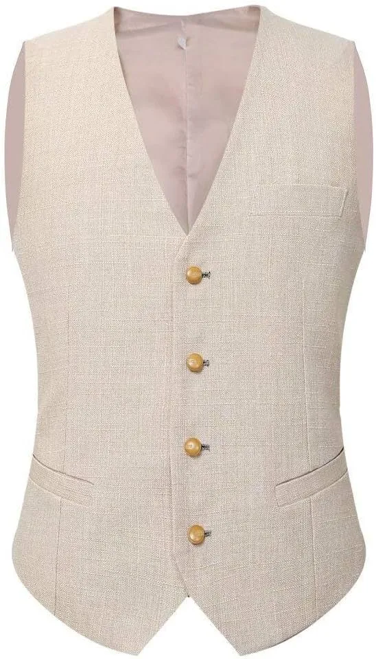 Wemaliyzd Men's Linen Suit Summer 3 Piece Wedding Suit Peak Lapel Blazer Vest Pants