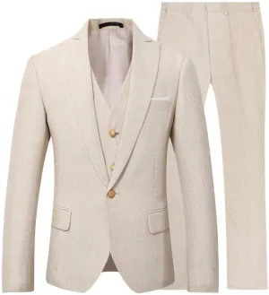 Wemaliyzd Men's Linen Suit Summer 3 Piece Wedding Suit Peak Lapel Blazer Vest Pants