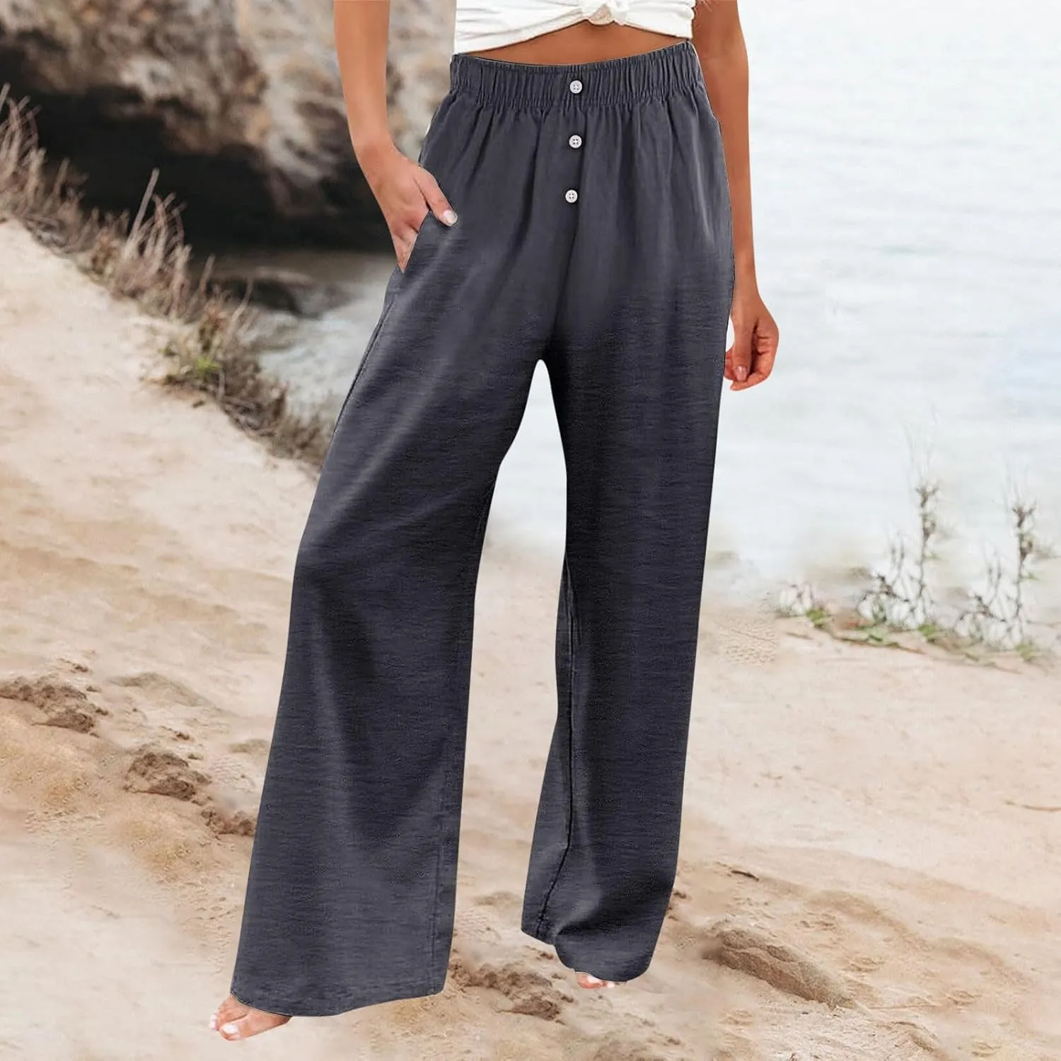 Wide Leg Linen Pants for Women Elastic High Waisted Palazzo Pants Casual Summer Pants Loose Boho Flowy Beach Pants