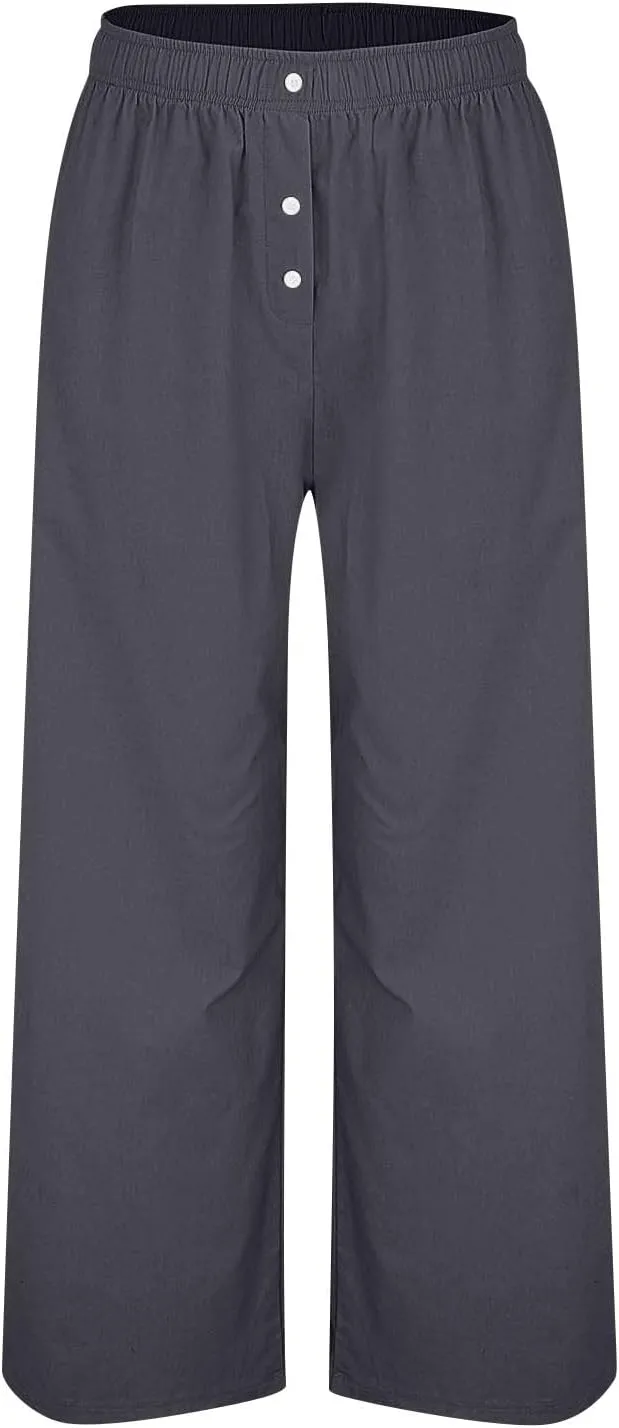Wide Leg Linen Pants for Women Elastic High Waisted Palazzo Pants Casual Summer Pants Loose Boho Flowy Beach Pants