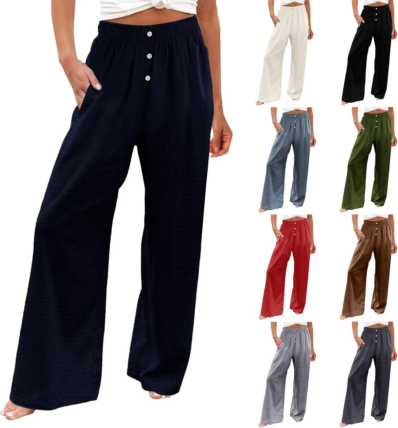 Wide Leg Linen Pants for Women Elastic High Waisted Palazzo Pants Casual Summer Pants Loose Boho Flowy Beach Pants