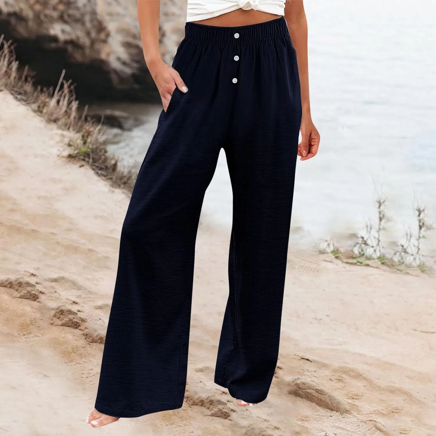 Wide Leg Linen Pants for Women Elastic High Waisted Palazzo Pants Casual Summer Pants Loose Boho Flowy Beach Pants