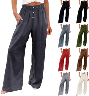 Wide Leg Linen Pants for Women Elastic High Waisted Palazzo Pants Casual Summer Pants Loose Boho Flowy Beach Pants