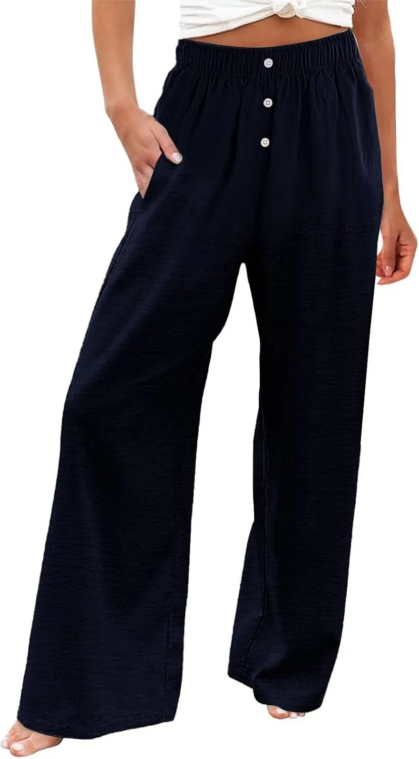 Wide Leg Linen Pants for Women Elastic High Waisted Palazzo Pants Casual Summer Pants Loose Boho Flowy Beach Pants