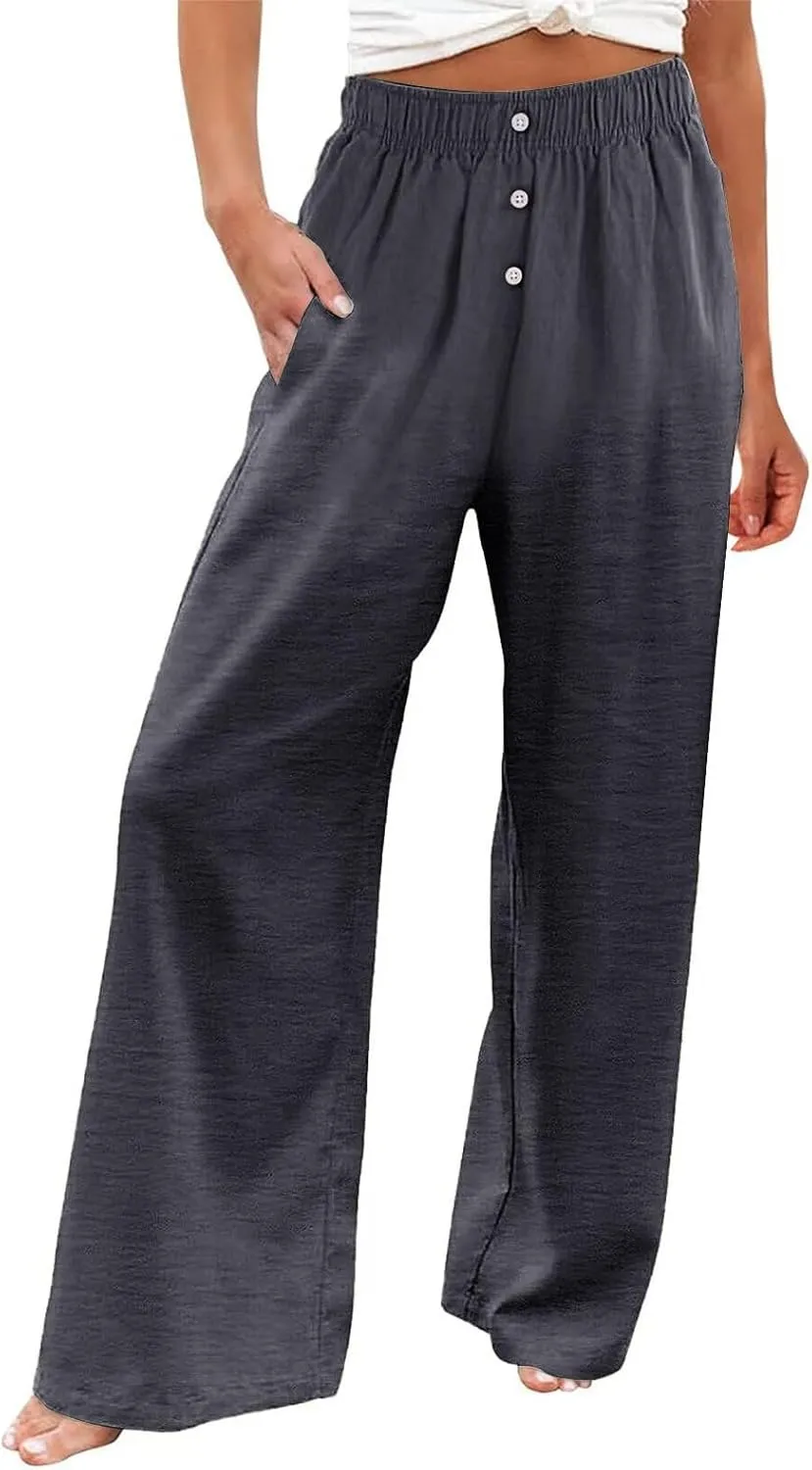 Wide Leg Linen Pants for Women Elastic High Waisted Palazzo Pants Casual Summer Pants Loose Boho Flowy Beach Pants
