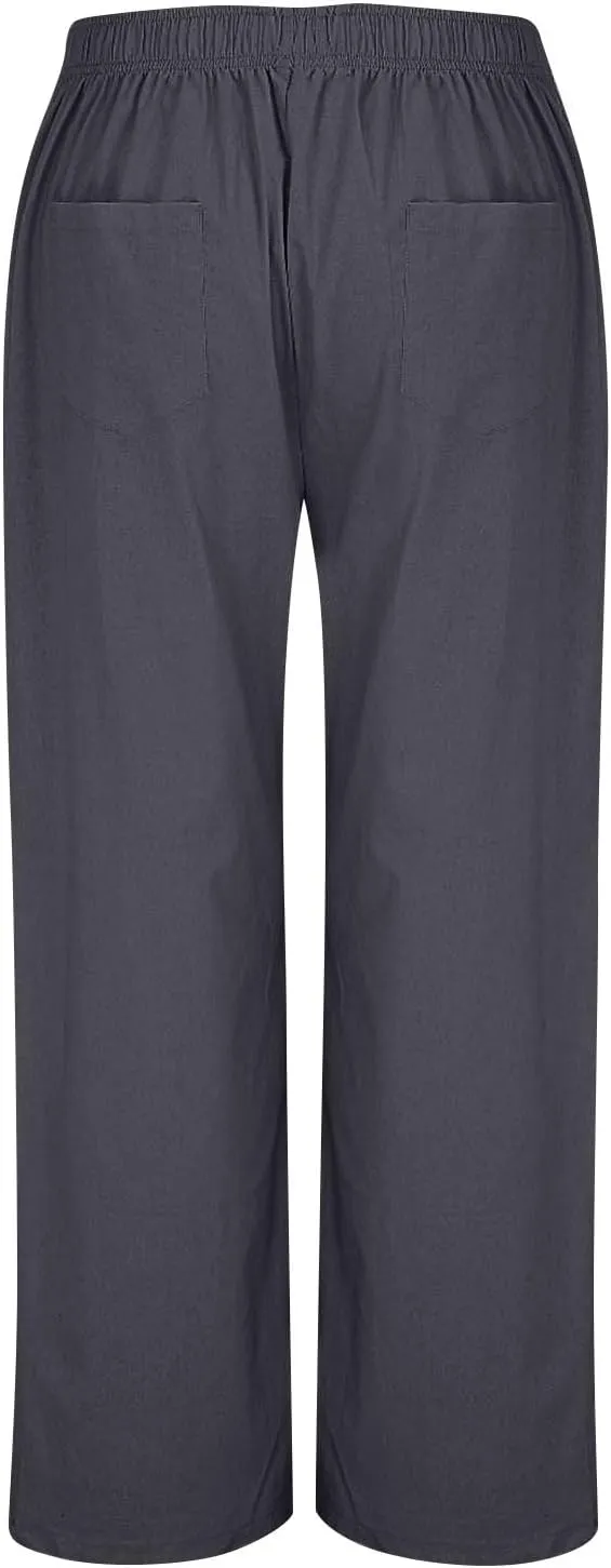 Wide Leg Linen Pants for Women Elastic High Waisted Palazzo Pants Casual Summer Pants Loose Boho Flowy Beach Pants