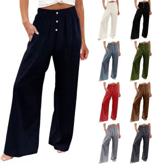 Wide Leg Linen Pants for Women Elastic High Waisted Palazzo Pants Casual Summer Pants Loose Boho Flowy Beach Pants