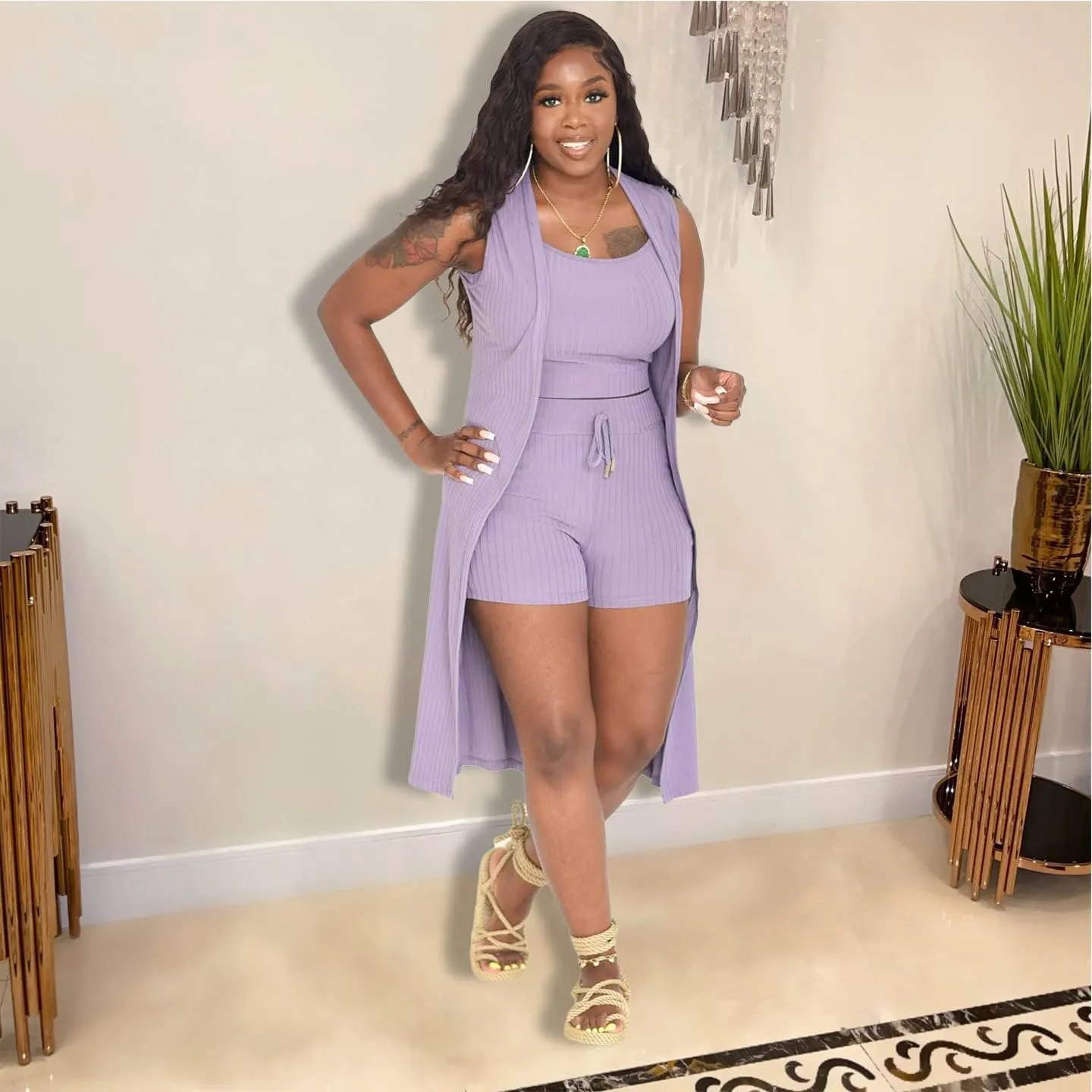 Women 3 Piece Outfits Ribbed Sleeveless Long Cardigan Crop Tank Tops Bodycon Shorts Sets Sweatsuit Lounge Set