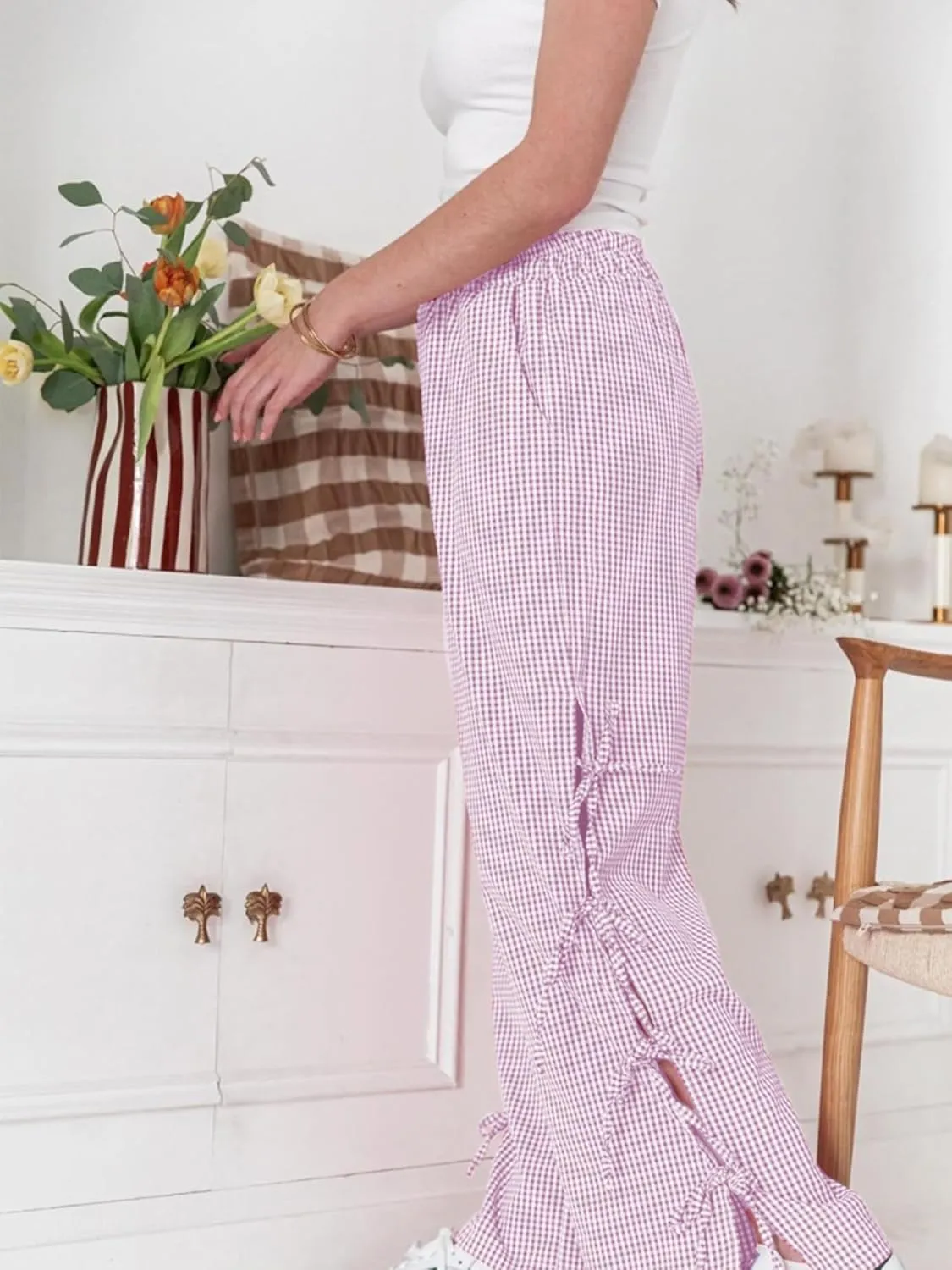 Women Bow Tie Side Split Wide Leg Y2k Plaid Pants High Waist Print Lounge Pants Trousers