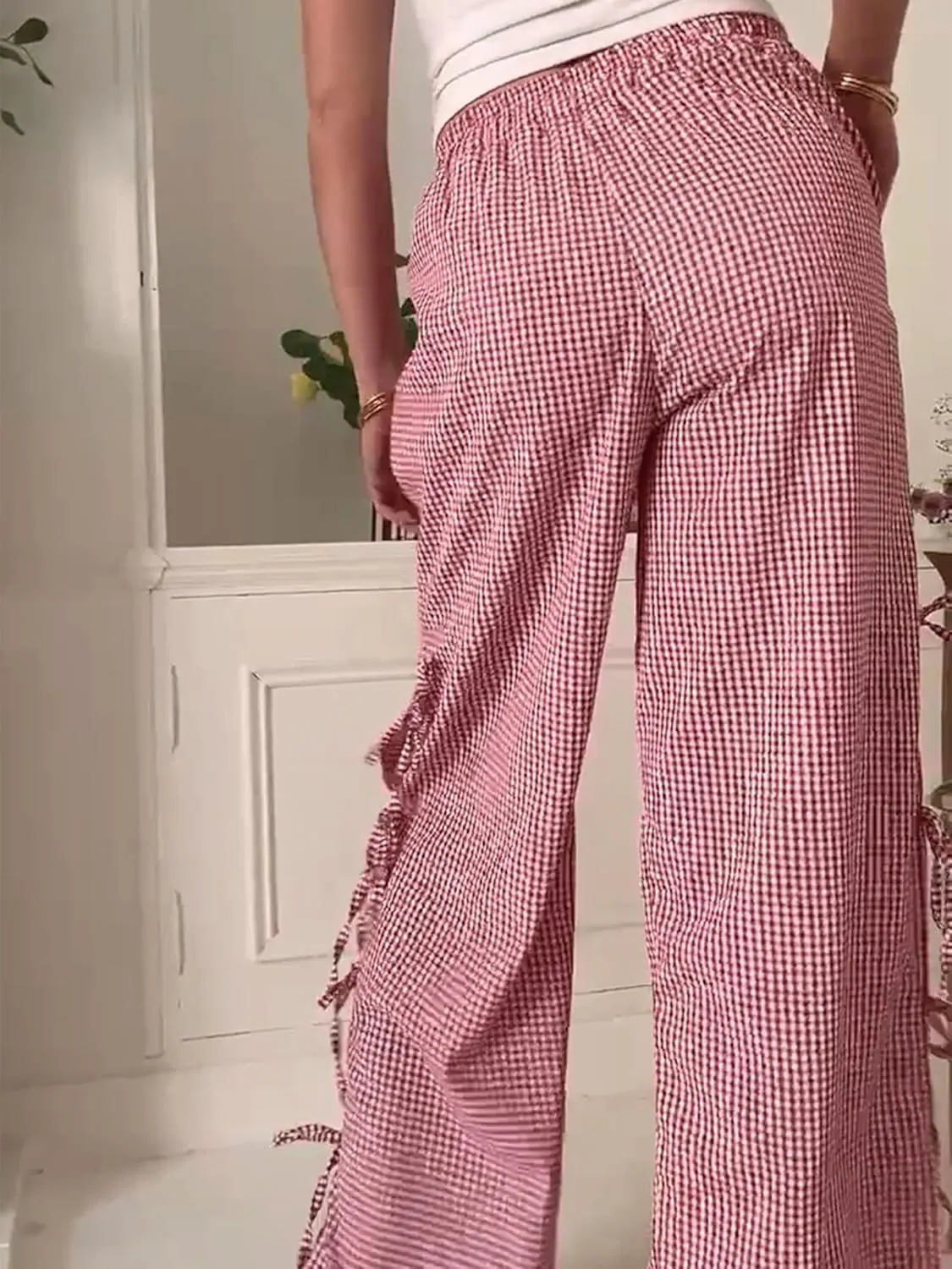 Women Bow Tie Side Split Wide Leg Y2k Plaid Pants High Waist Print Lounge Pants Trousers