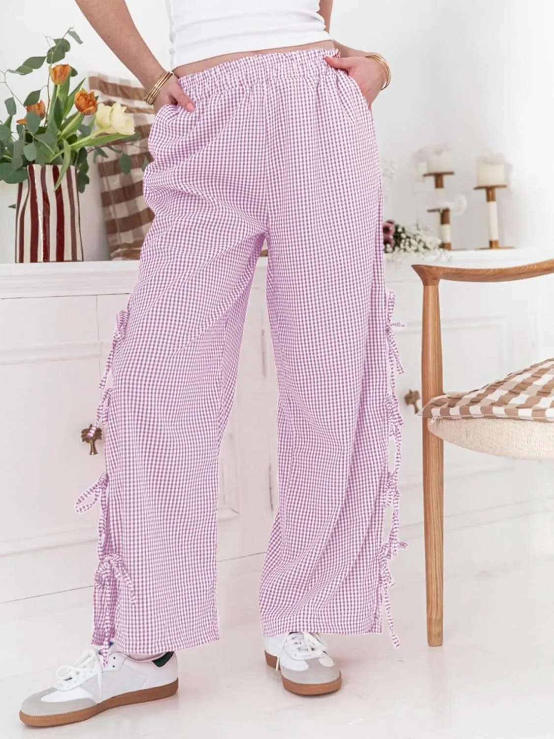 Women Bow Tie Side Split Wide Leg Y2k Plaid Pants High Waist Print Lounge Pants Trousers