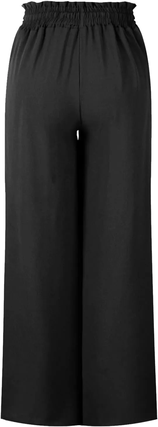 Women High Waist Casual Wide Leg Long Palazzo Pants Trousers Solid Color Drawstring Pants Beach Vacation Clothes