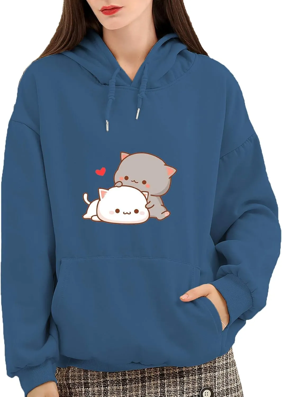 Women Kawaii Cartoon Cute Cat Graphic Casual Cotton Pullover Hoodies Sweatshirt