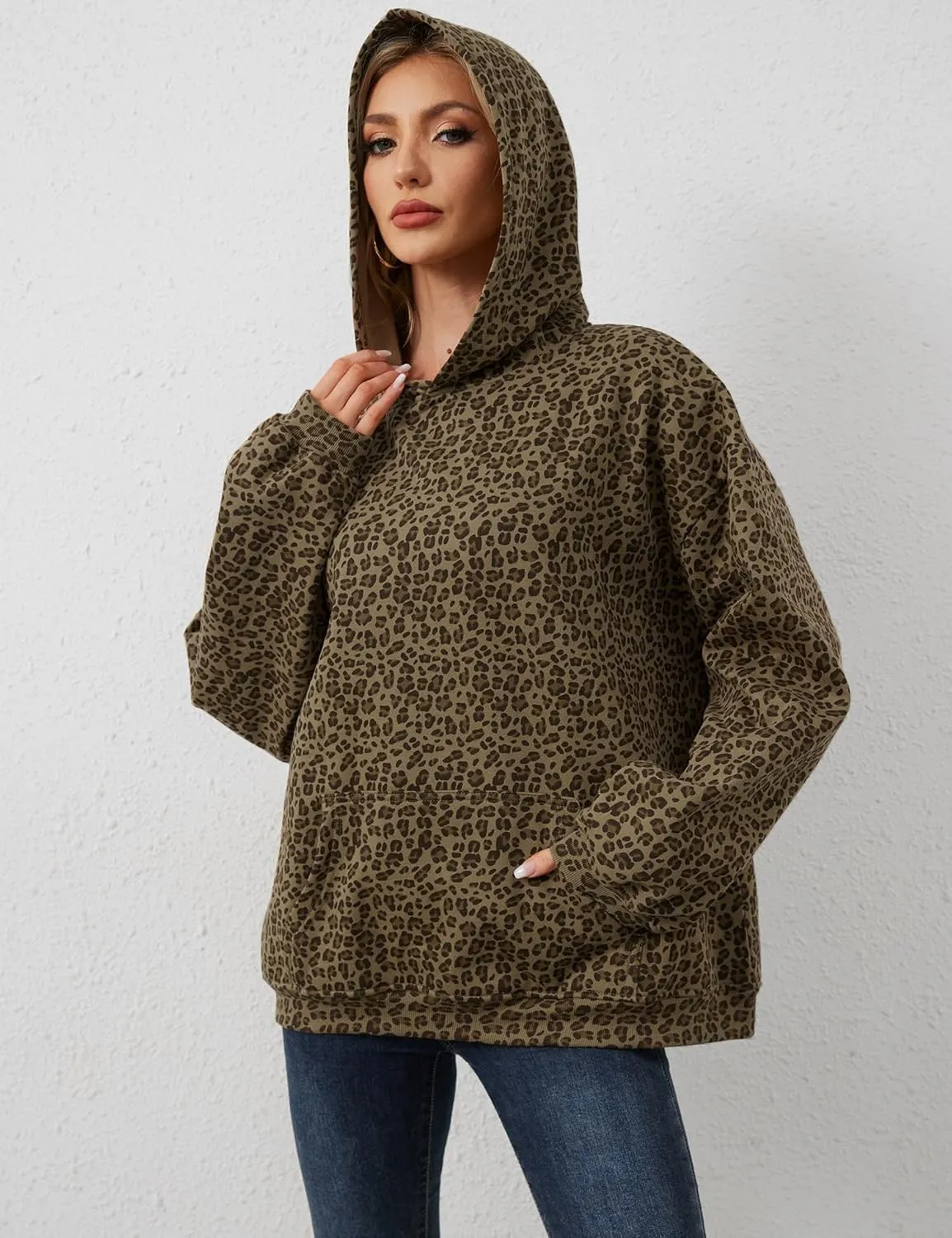 Women Leopard Hoodies Oversized Cheetah Print Sweatshirt Hooded Long Sleeve 2000s Pullover Tops Y2k Graphic Hoodies