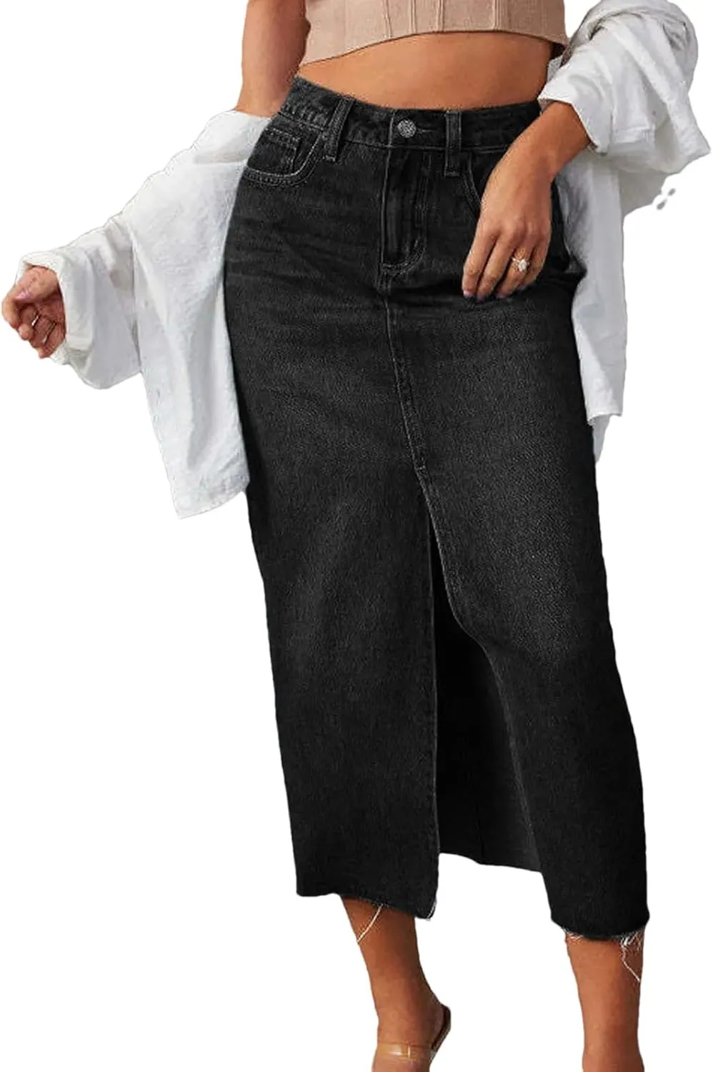 Women Midi Skirts Vintage Jeans Skirt High Waisted Front Slit Denim Skirt