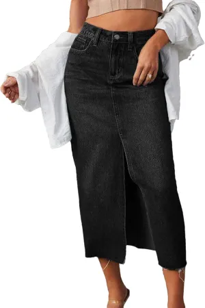 Women Midi Skirts Vintage Jeans Skirt High Waisted Front Slit Denim Skirt