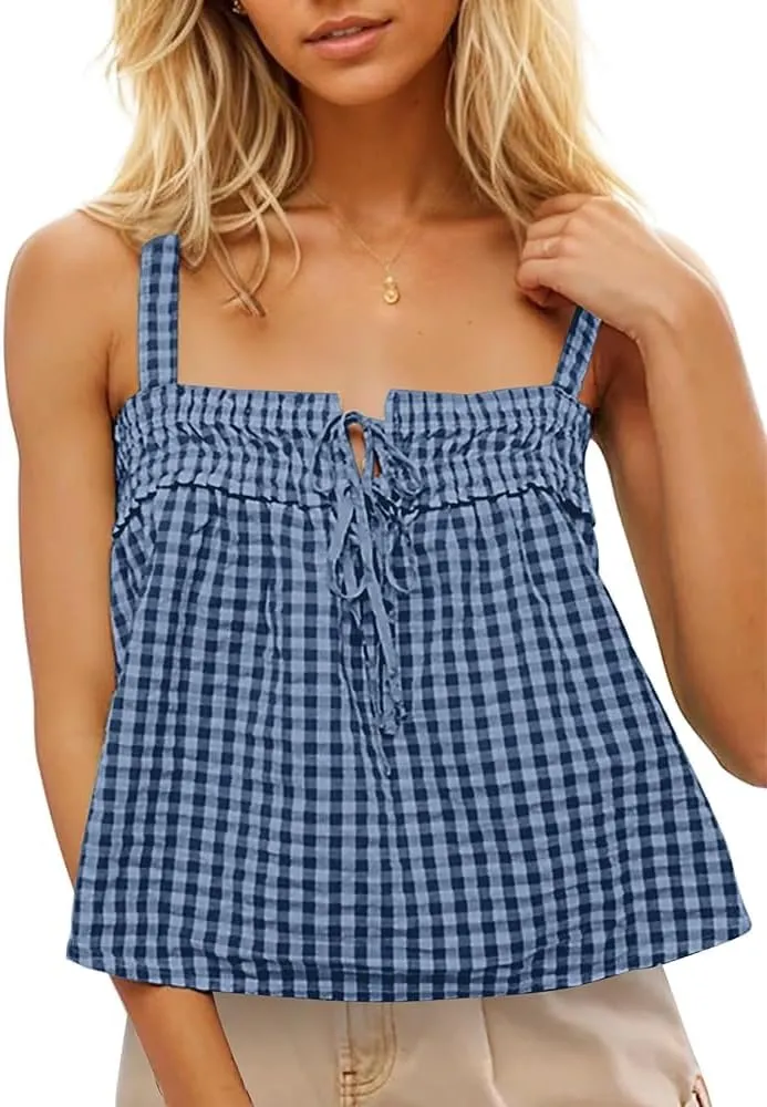 Women Plaid Cropped Camisole Tops Ruched Tie Front Square Neck Backless Loose Cute Crop Cami Tank Adjustable Top